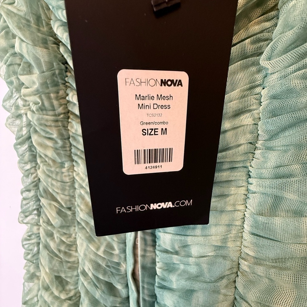 New! Fashion Nova ‘Marlie’ Mesh Green Ruched Mini Dress Women’s Size Medium - Picture 13 of 15